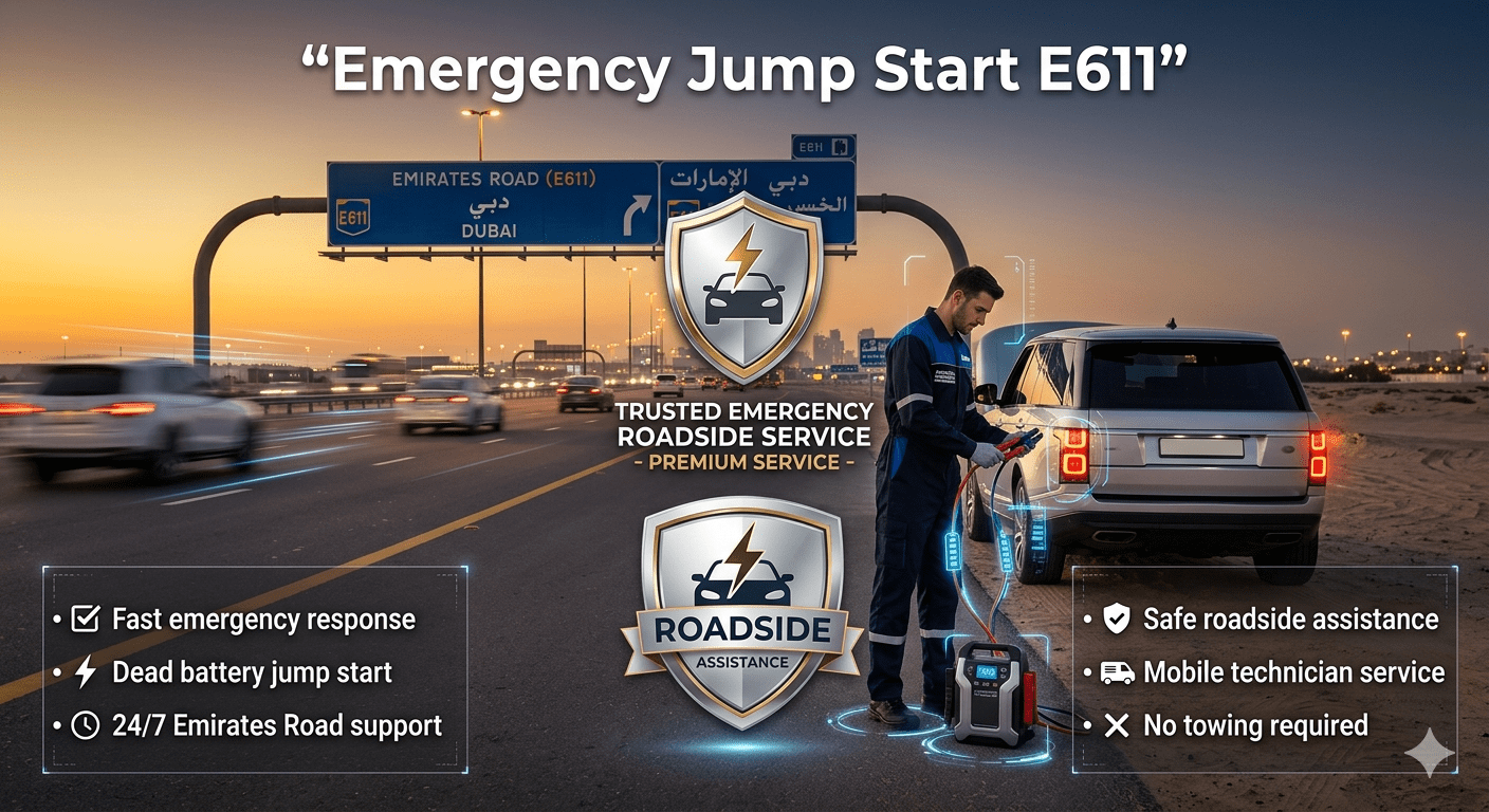 emergency jump start E611 showing roadside battery boost service on Dubai Emirates Road with technician helping dead car battery
