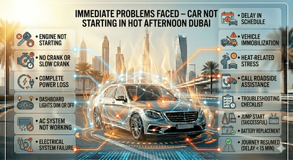 Car not starting in hot afternoon Dubai showing immediate problems like engine failure, power loss, and AC not working