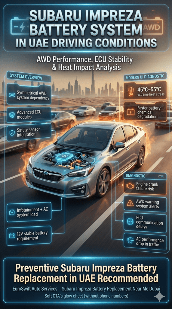 Subaru Impreza infographic showing battery system in UAE conditions with AWD system, ECU modules, AC load, heat impact, and common failure issues displayed in side panels with Dubai background.