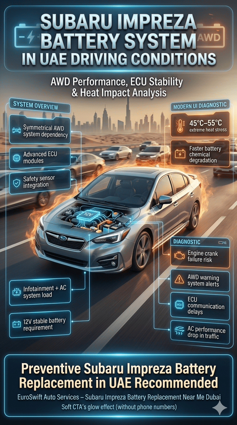 Subaru Impreza infographic showing battery system in UAE conditions with AWD system, ECU modules, AC load, heat impact, and common failure issues displayed in side panels with Dubai background.
