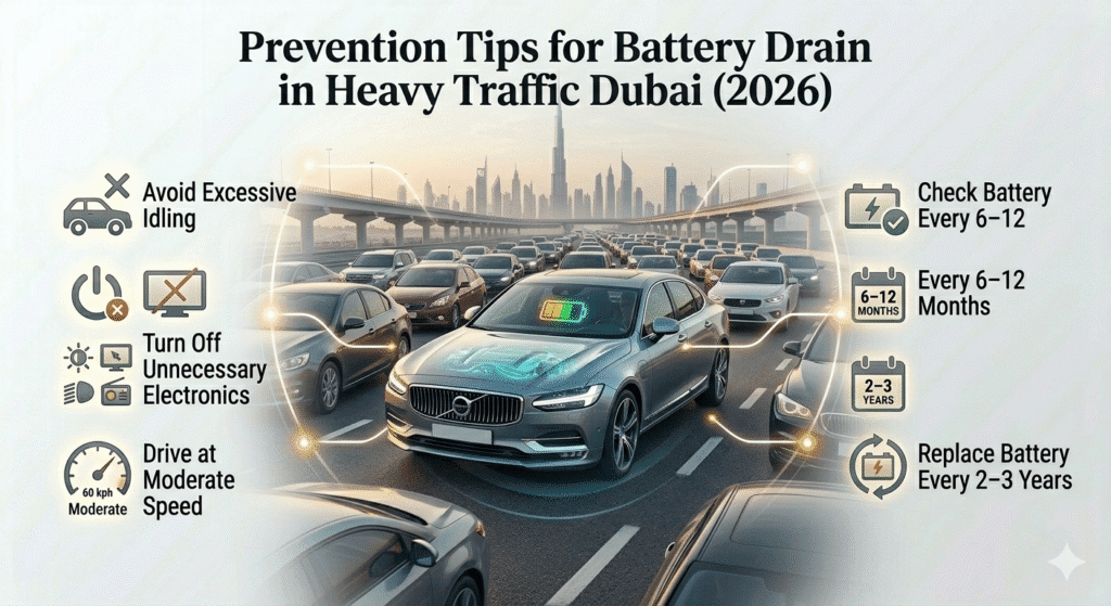 Prevention tips for avoiding car battery drain in heavy traffic Dubai including maintenance and driving habits