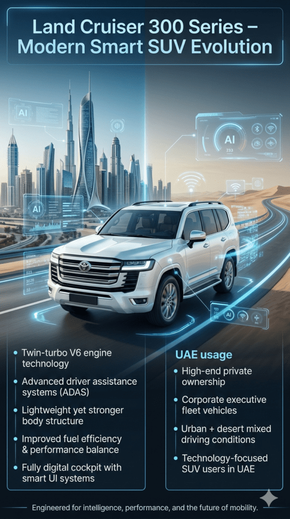 Toyota Land Cruiser 300 Series modern smart SUV displayed in futuristic Dubai skyline and desert tech environment with infographic panels showing twin-turbo engine, ADAS systems, digital cockpit, and UAE usage in corporate and luxury transport.