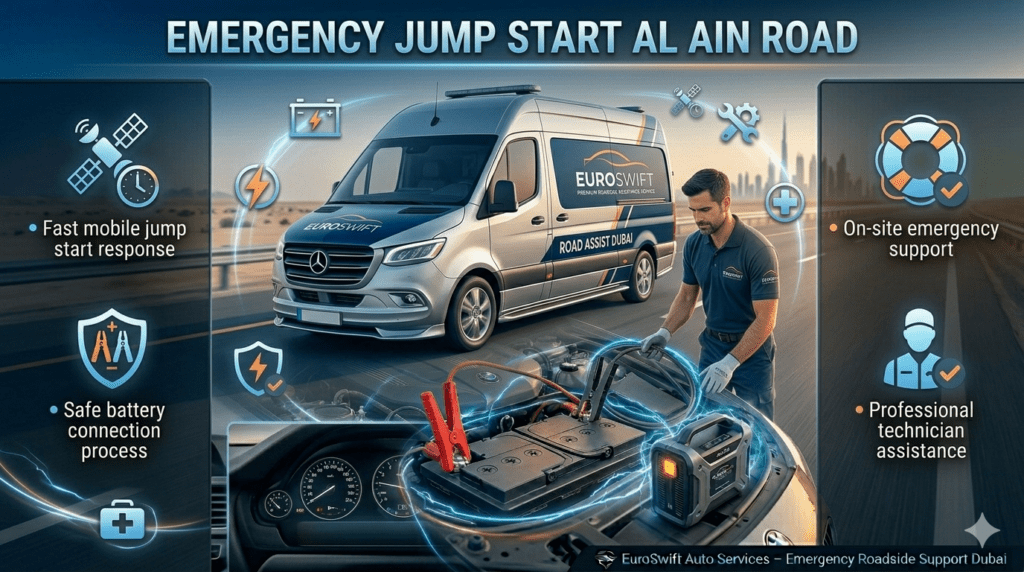 Emergency jump start roadside assistance scene on Al Ain Road showing technician connecting battery cables with infographic style service points around.
