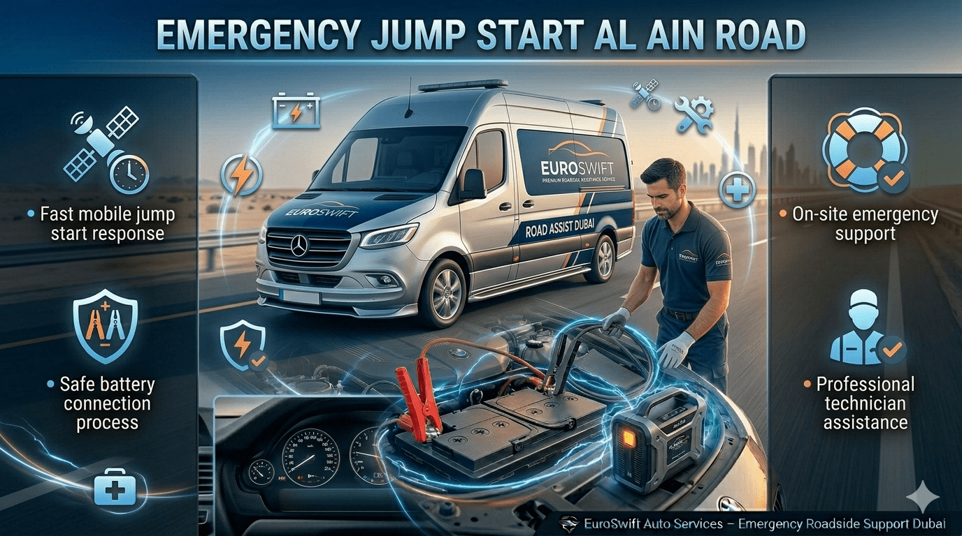 Emergency jump start roadside assistance scene on Al Ain Road showing technician connecting battery cables with infographic style service points around.