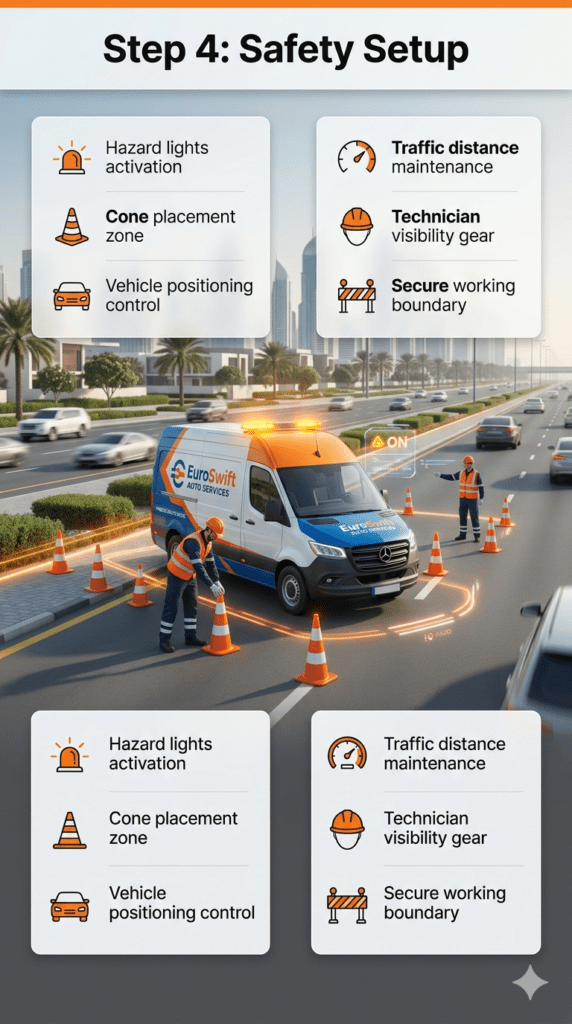 Technician setting up roadside safety with hazard lights and safety cones around a service vehicle in a professional emergency assistance scene.