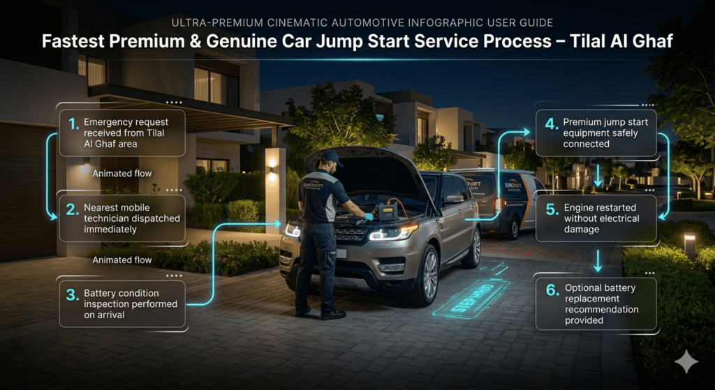 Step-by-step infographic showing Tilal Al Ghaf car jump start process including emergency request, technician dispatch, inspection, jump start, engine restart, and battery recommendation.