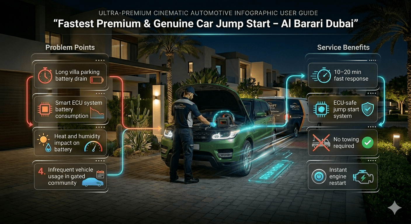 Infographic showing Al Barari Dubai emergency car jump start with EuroSwift Auto Services technician, highlighting battery issues, fast response, ECU-safe system, and instant engine restart.