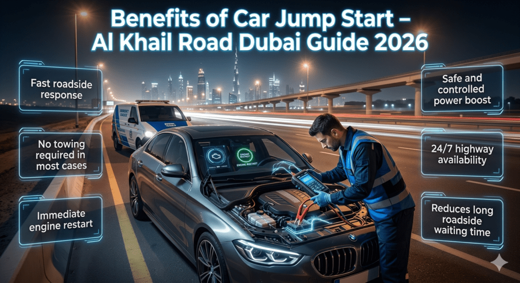 A cinematic roadside assistance scene on Al Khail Road Dubai showing a technician performing a car jump start with futuristic panels highlighting service benefits.