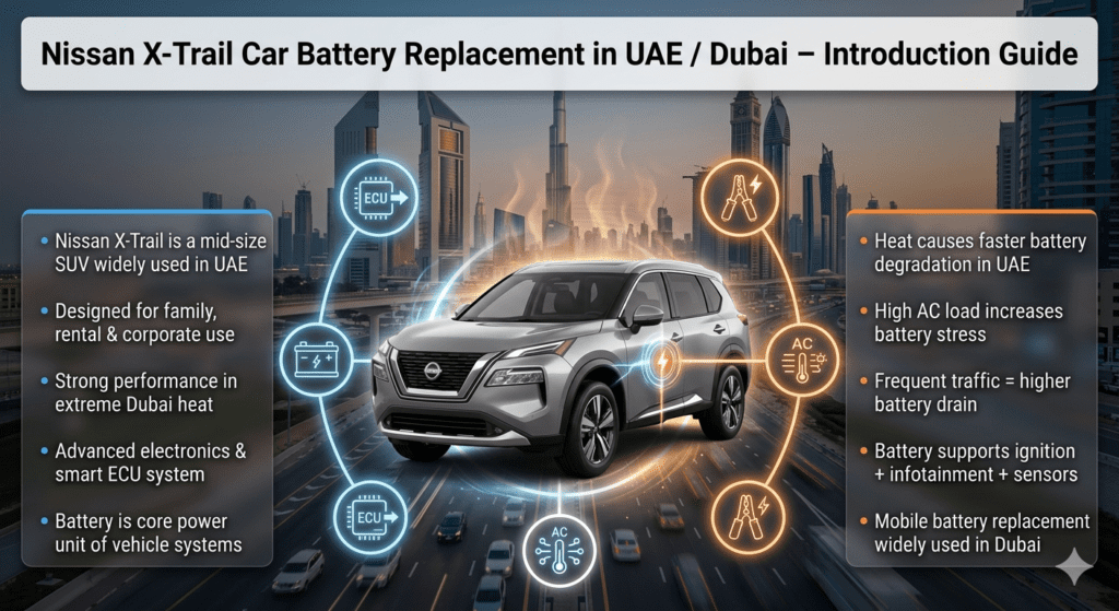 Nissan X-Trail SUV battery system guide infographic showing battery replacement importance in UAE Dubai heat conditions with ECU, AC, and smart electronics overview.