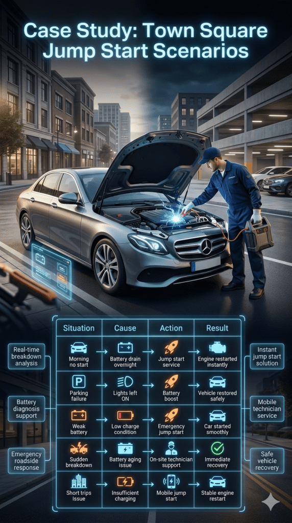 Cinematic infographic showing Town Square jump start case study table with different vehicle breakdown scenarios, causes, actions, and results with technician performing emergency battery boost.
