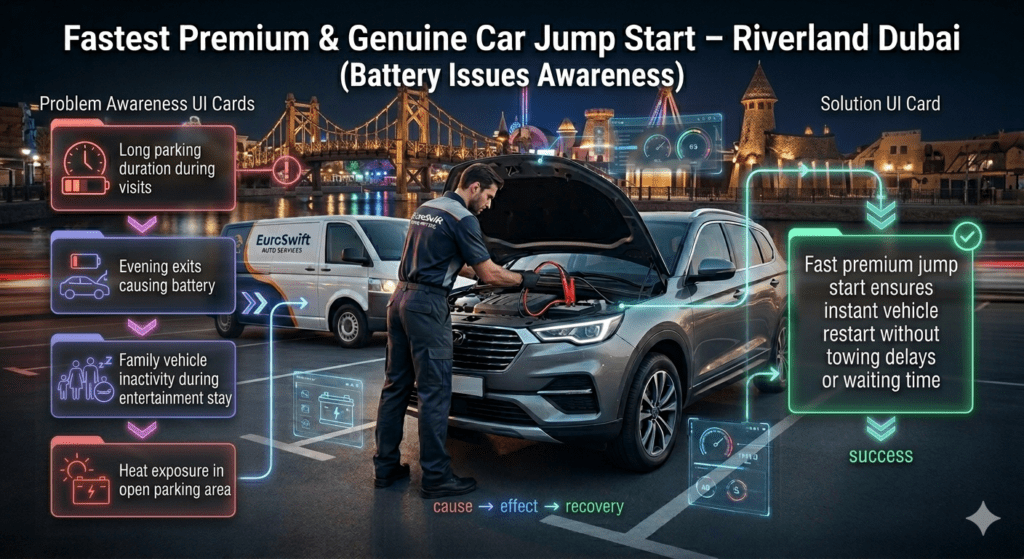 Infographic showing car battery issues in Riverland Dubai with EuroSwift Auto Services jump start solution highlighting causes like parking, heat, and inactivity, plus fast engine restart service.
