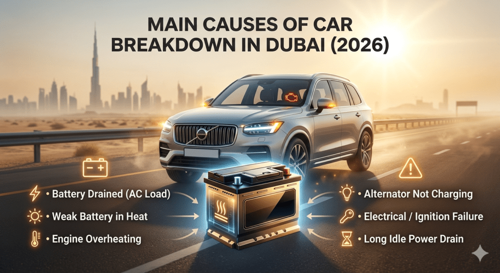 Infographic showing main causes of car breakdown in Dubai including battery drain, overheating, and electrical failure with a central car battery visual
