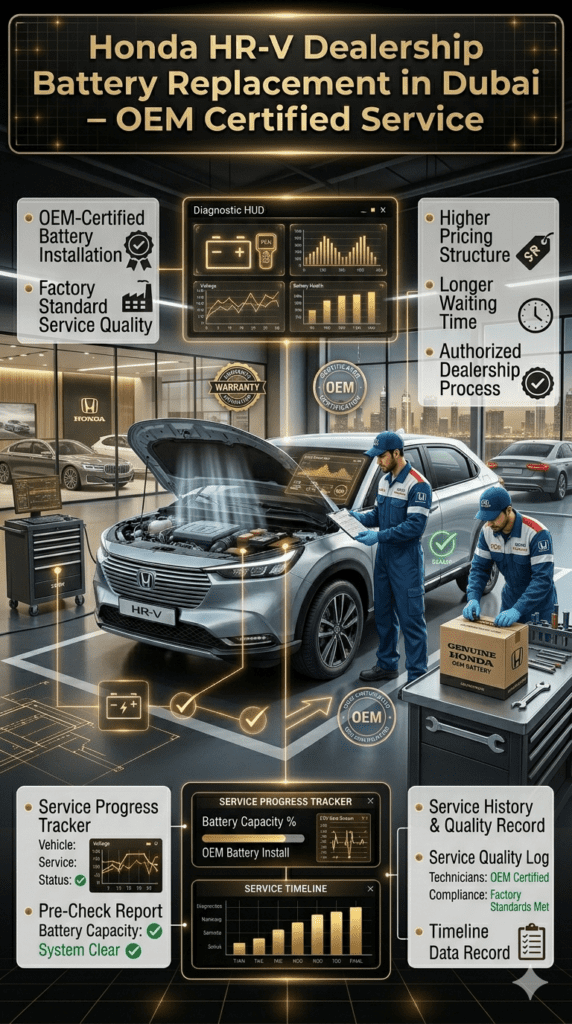 Honda HR-V dealership battery replacement in Dubai showing OEM-certified installation, luxury service center, higher pricing structure, and professional workshop environment.
