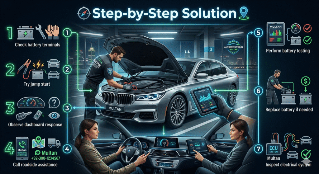 Step-by-Step Solution Infographic showing step-by-step solution for car battery problems including jump start and replacement
