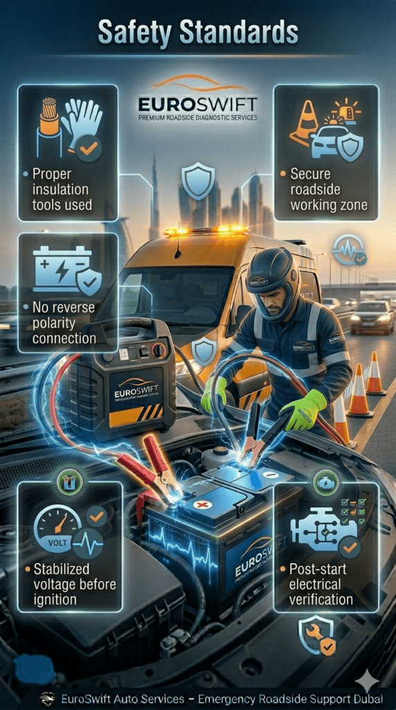A roadside technician performing a safe car jump start using insulated tools, with hazard lights, cones, and safety protocols highlighted in a professional infographic design.