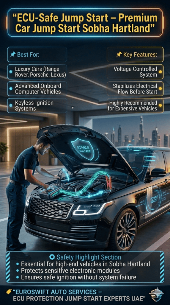 ECU-safe jump start service in Sobha Hartland Dubai showing luxury SUV being safely started with voltage-controlled device and infographic safety features for electronic protection.