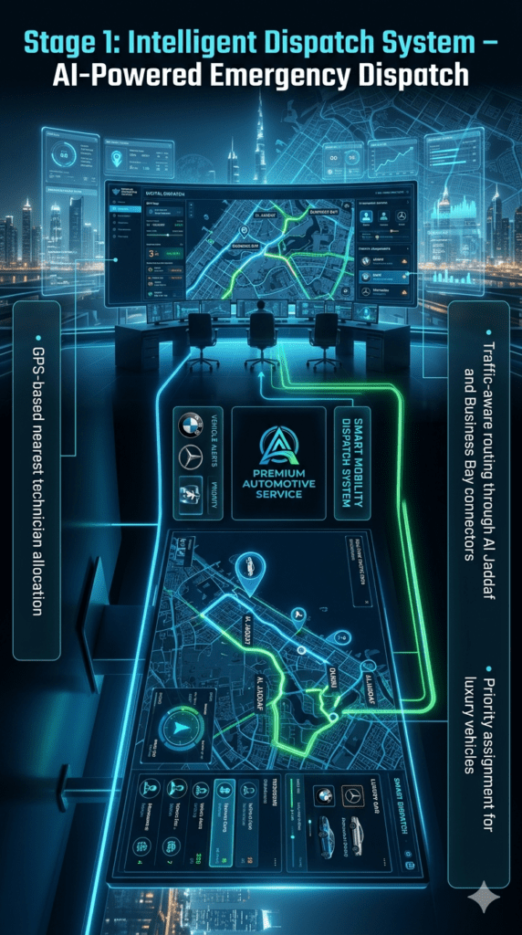 AI intelligent dispatch system showing GPS-based technician allocation with traffic-aware routing across Dubai for luxury vehicle roadside assistance.