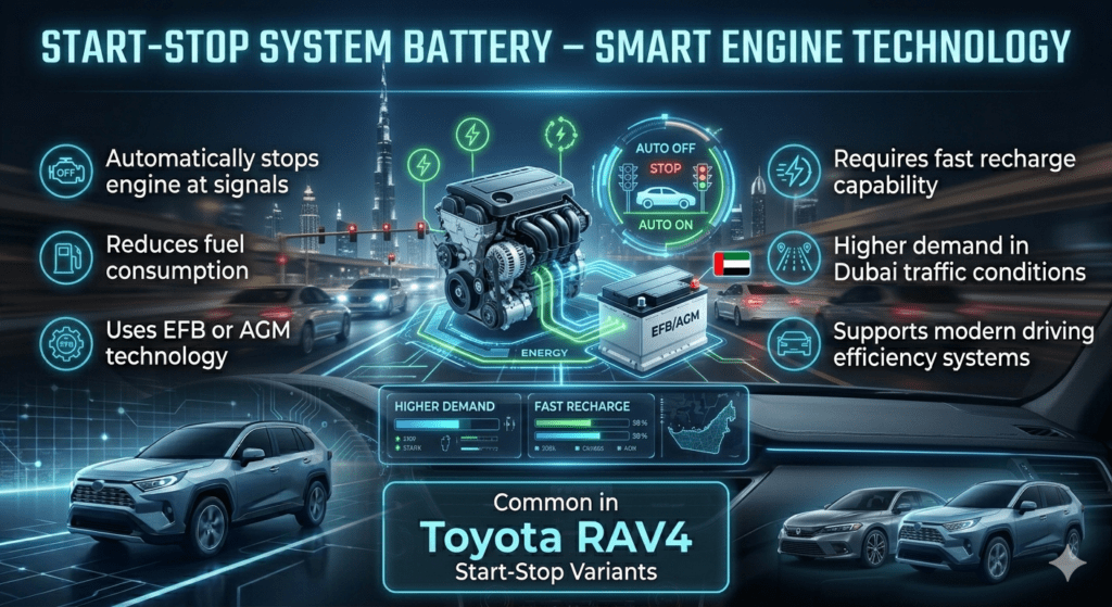 Start-stop system battery infographic showing automatic engine stop, fuel saving technology, and EFB/AGM battery usage in Honda Civic and Toyota RAV4.