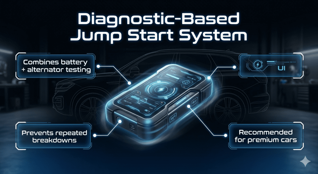 Diagnostic-based jump start device infographic showing battery and alternator testing system with breakdown prevention features designed for premium vehicles.