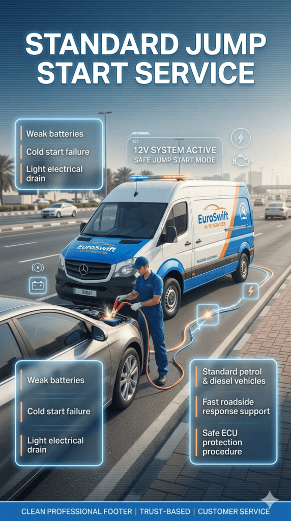 Standard jump start service in Dubai showing technician using jumper cables on a normal car battery with roadside assistance van and simple urban background.