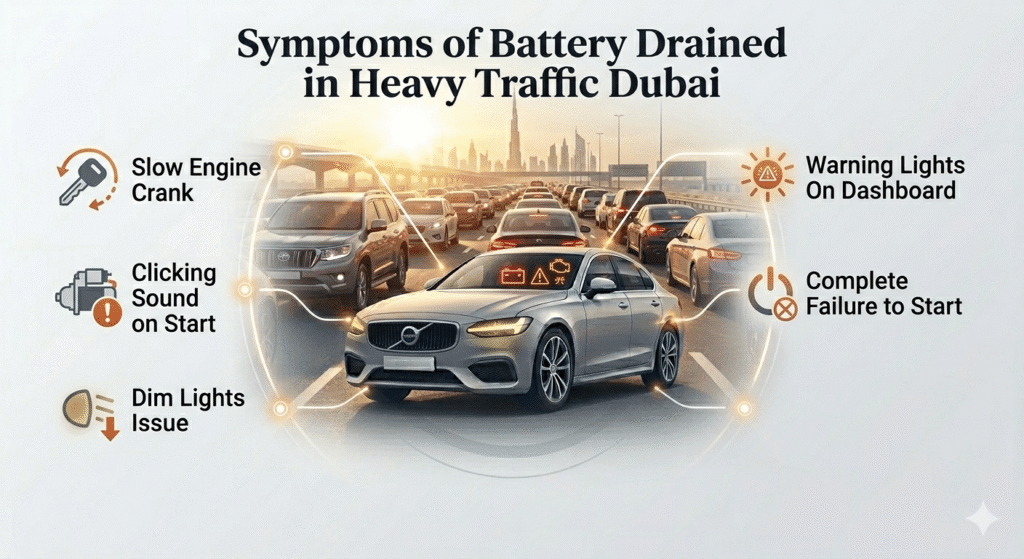 Car battery drain symptoms in heavy traffic including slow crank clicking sound dim lights and no start