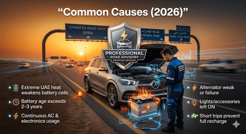 common causes of car battery failure on E611 Dubai showing heat damage alternator failure and battery drain issues in 2026