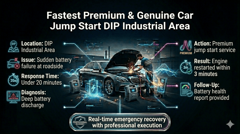 Car jump start case study in DIP Industrial Area showing technician fixing dead battery with emergency response timeline and results.