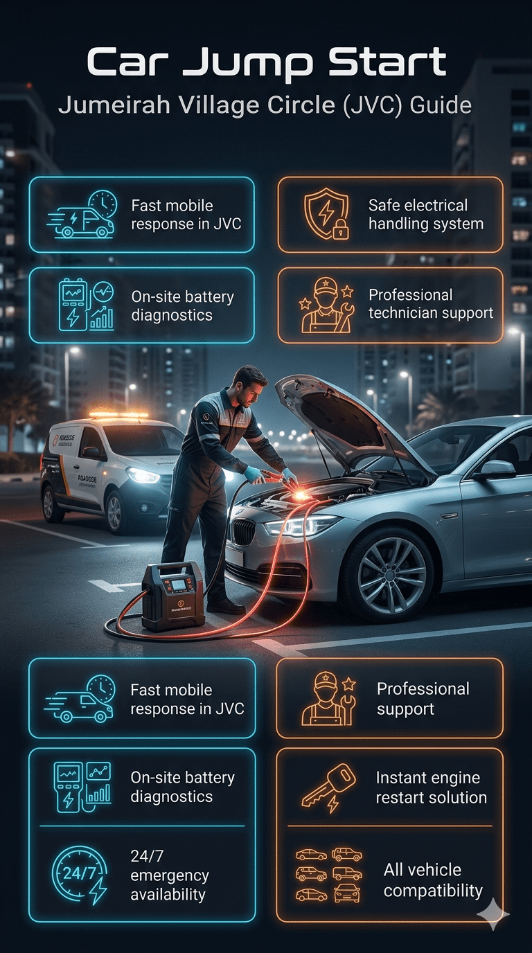 Car jump start service in Jumeirah Village Circle showing technician boosting car battery with structured infographic guide, emergency roadside assistance, and key service features.