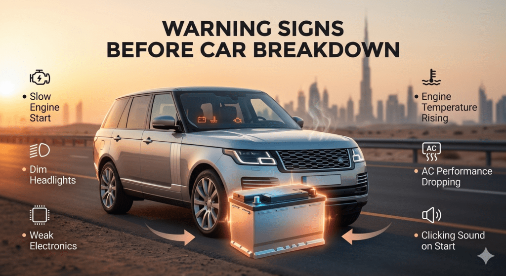 Car on Dubai roadside showing early warning signs like dim lights, slow start, overheating, and weak AC with central battery illustration
