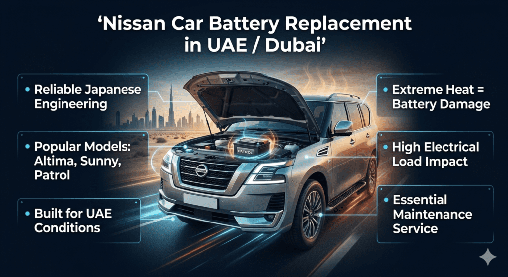 Nissan car battery replacement guide in Dubai showing a Nissan vehicle with highlighted battery, key features, and UAE heat impact explained visually.