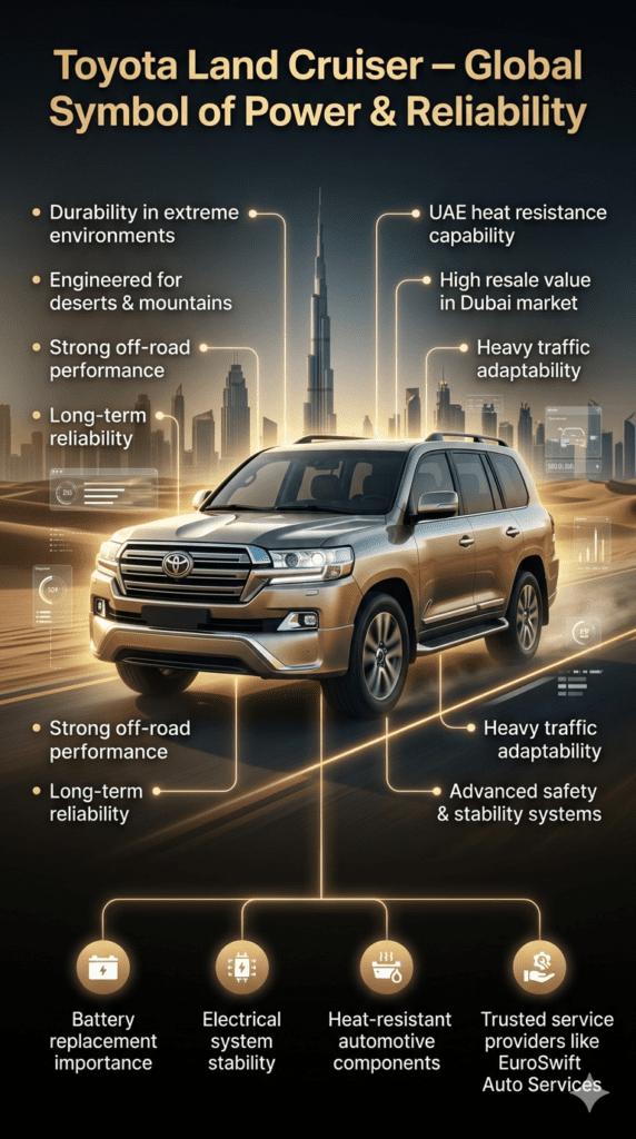 Premium infographic showing Toyota Land Cruiser in center with Dubai desert and skyline background, surrounded by durability, off-road power, UAE heat resistance, and automotive service highlights including battery replacement and reliability features.