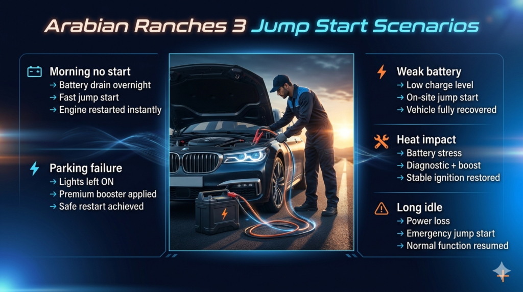 Premium infographic showing Arabian Ranches 3 jump start scenarios with a central roadside assistance car battery boost scene, surrounded by structured case study solutions and automotive emergency outcomes.