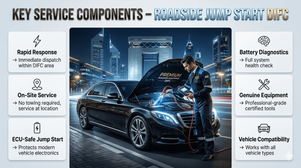 Premium roadside jump start service in DIFC showing technician performing ECU-safe battery boost with structured service components displayed on both sides.