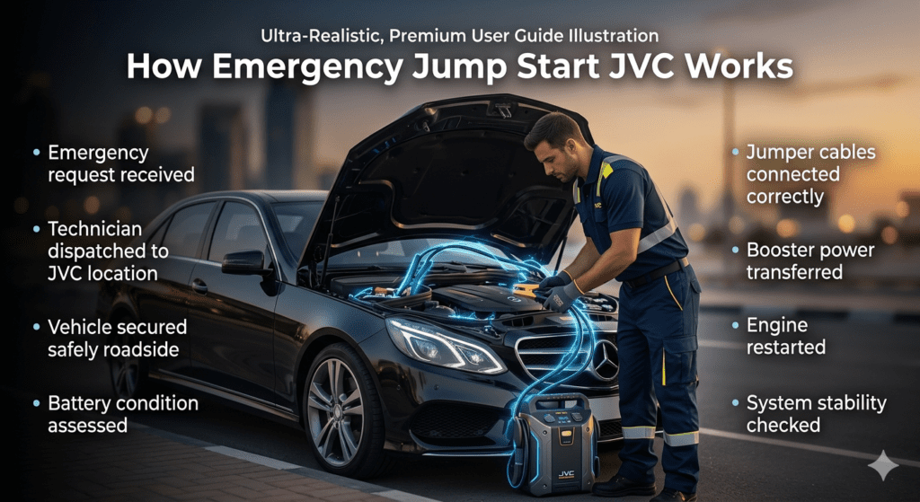 Step-by-step emergency jump start process in JVC showing a technician boosting a car battery with key steps displayed around the image.