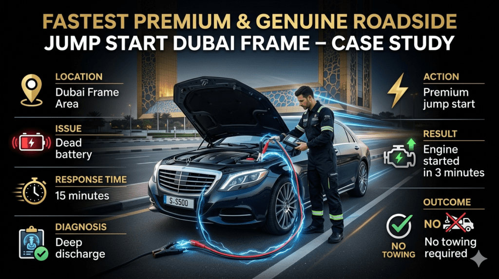 Roadside jump start case study showing technician boosting car battery near Dubai Frame with service details displayed on both sides.