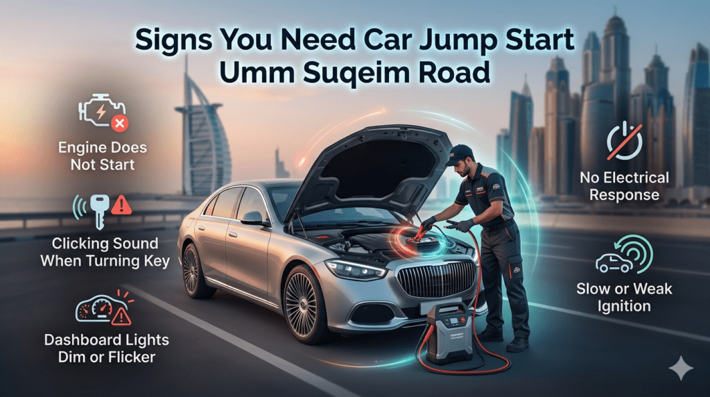 Signs of car battery failure on Umm Suqeim Road including no start, dim lights, and weak ignition with jump start service scene