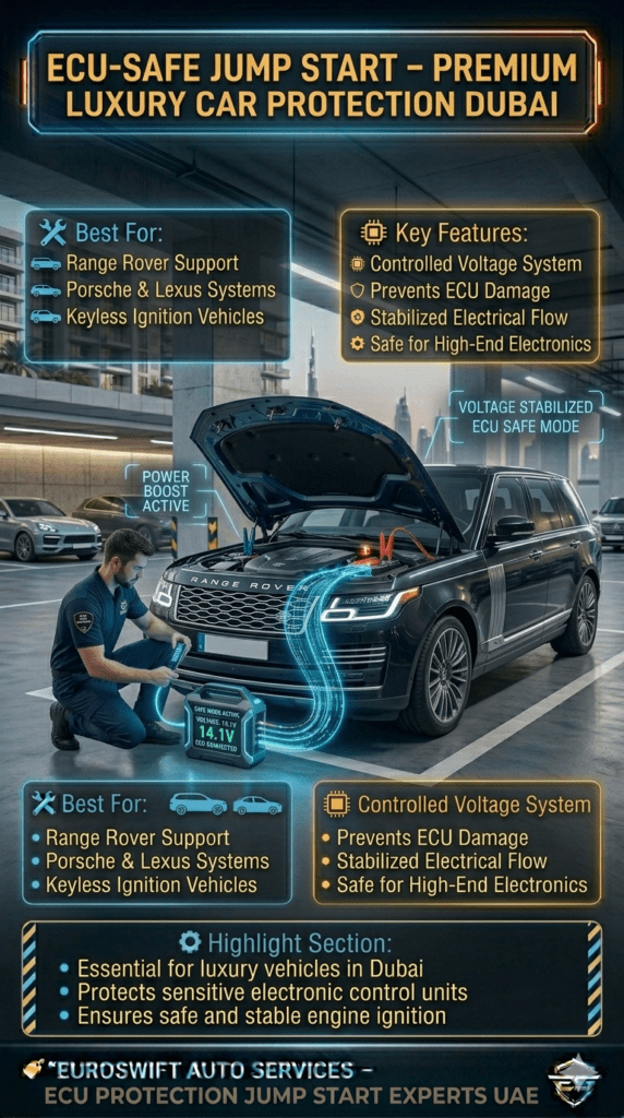 ECU-safe jump start service in Dubai showing luxury SUV being started with controlled voltage device and digital stabilization system protecting vehicle electronics.