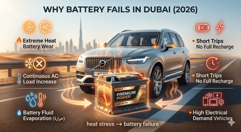 Car breakdown in Dubai heat showing reasons of battery failure such as heat, AC load, short trips, and electrical demand