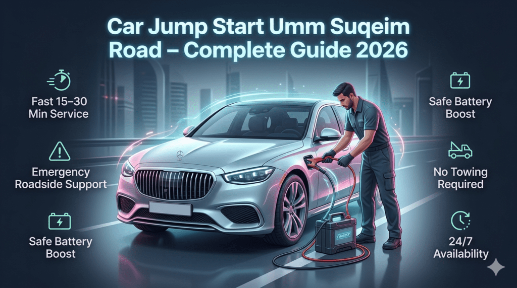 Car jump start service on Umm Suqeim Road Dubai with technician boosting battery and highlighted key service benefits