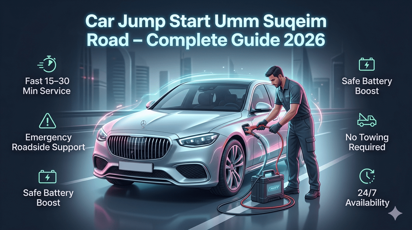 Car jump start service on Umm Suqeim Road Dubai with technician boosting battery and highlighted key service benefits