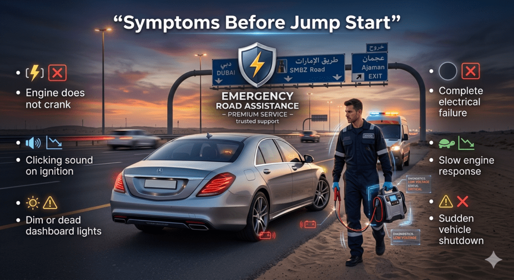 symptoms before car jump start showing battery failure signs like engine not cranking dim lights and clicking sound on UAE highway