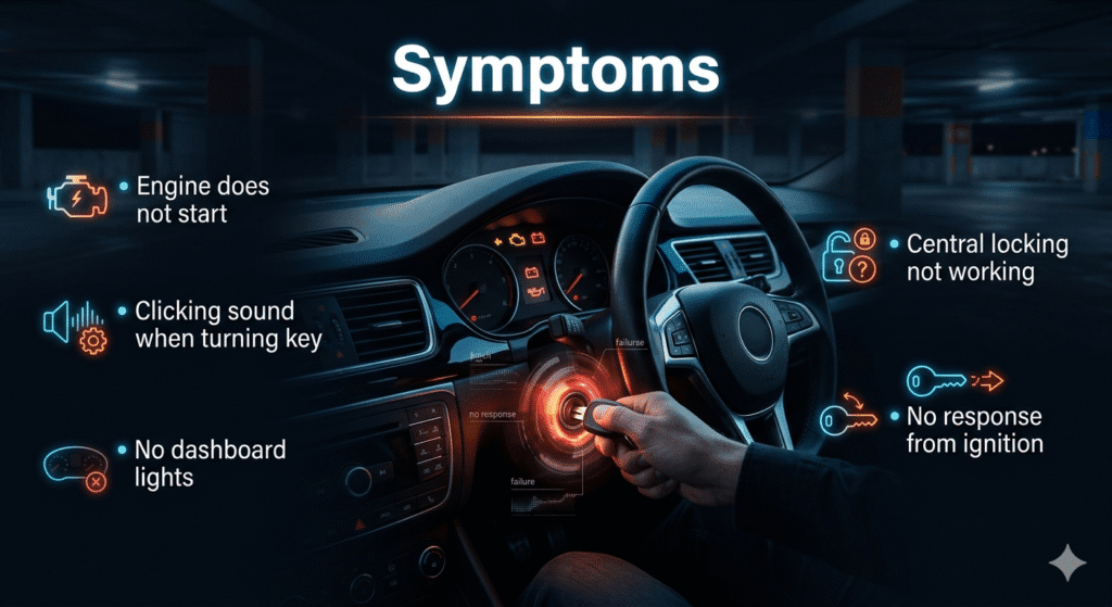Symptoms Infographic showing car battery failure symptoms like no start, clicking sound, and no dashboard lights