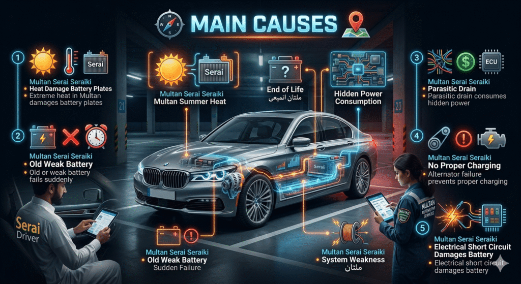 Infographic showing main causes of battery failure including heat, old battery, and electrical issues