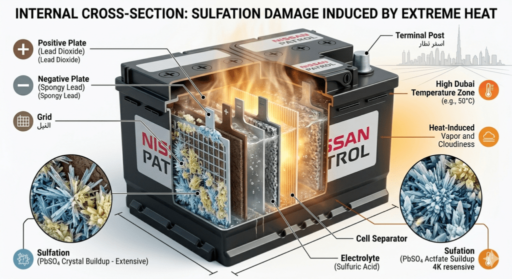 Car battery sulfation internal damage causing battery failure after long time in Dubai