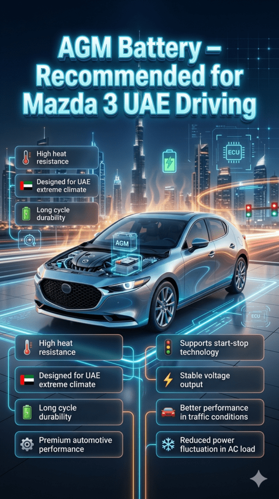 Mazda 3 AGM battery infographic showing high heat resistance, start-stop support, and stable voltage output designed for UAE driving conditions.