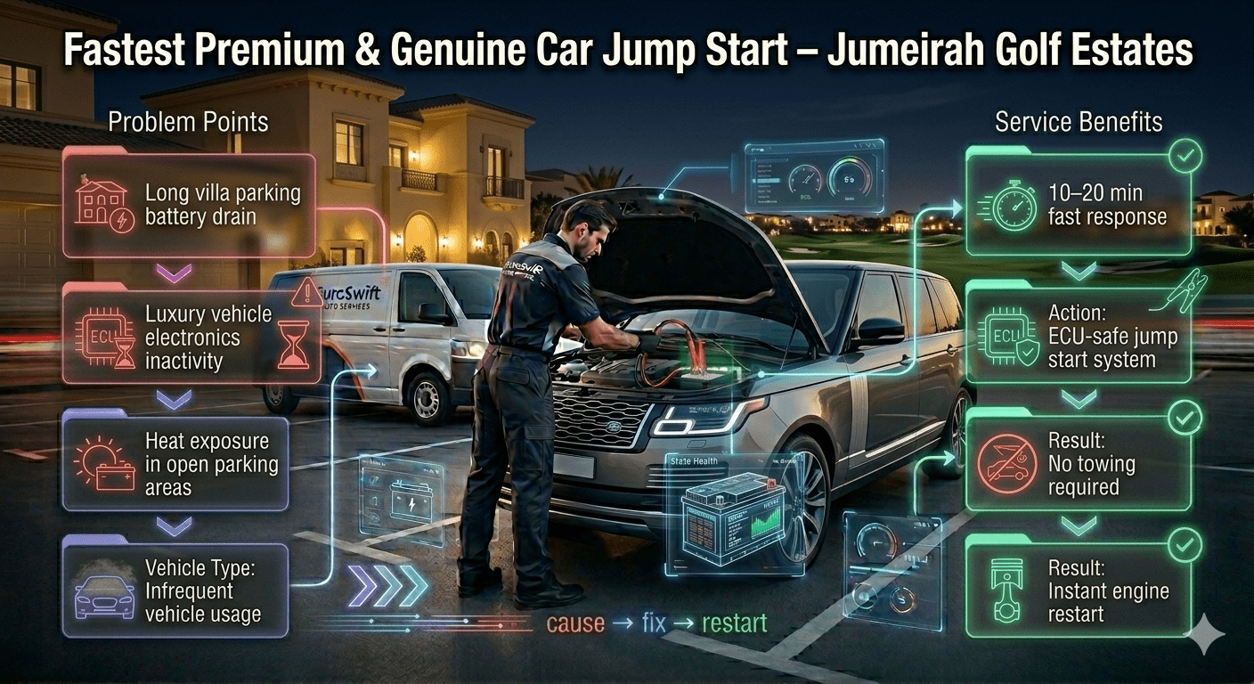 Premium infographic showing car jump start service in Jumeirah Golf Estates with EuroSwift Auto Services technician, highlighting battery issues, fast response, ECU-safe system, and instant engine restart.