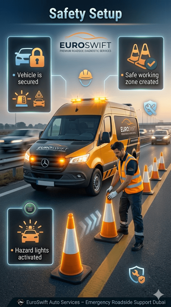 A roadside assistance technician setting up a safe emergency zone around a vehicle with hazard lights on, cones placed, and safety procedures highlighted in an infographic-style layout.