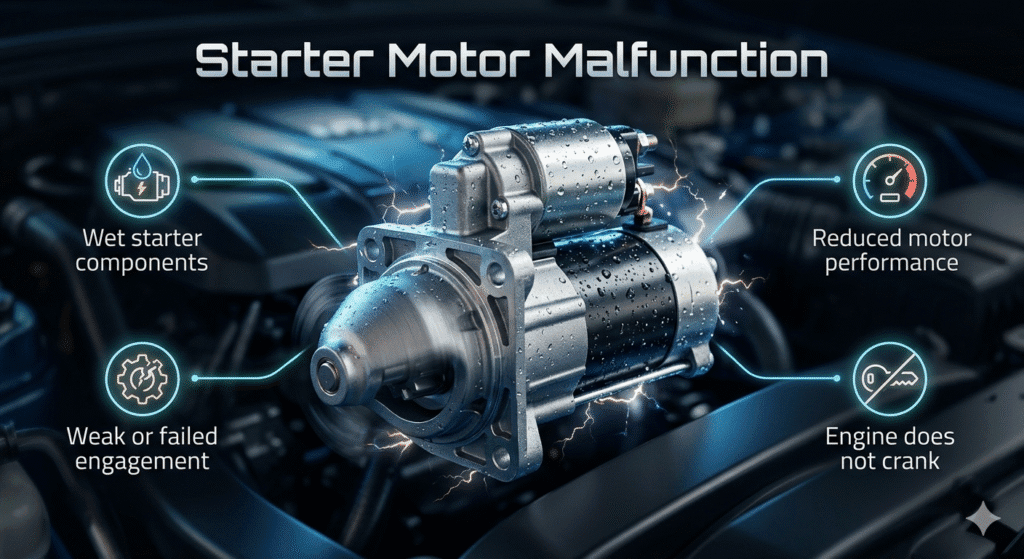 Car starter motor with moisture causing reduced performance and engine not cranking
