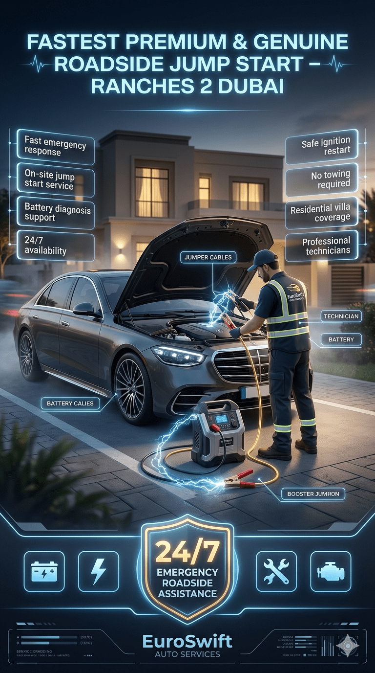 Emergency roadside jump start service in Ranches 2 Dubai showing technician boosting car battery with safety features and service benefits displayed on both sides.