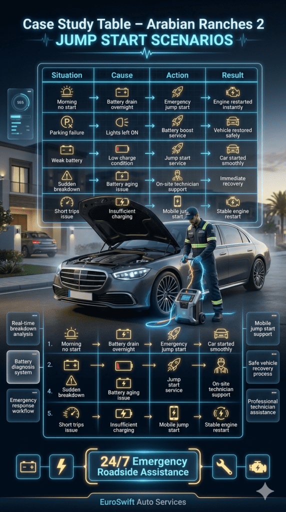 Cinematic infographic showing Arabian Ranches 2 jump start case study table with breakdown situations, causes, actions, and results alongside technician performing emergency battery boost.